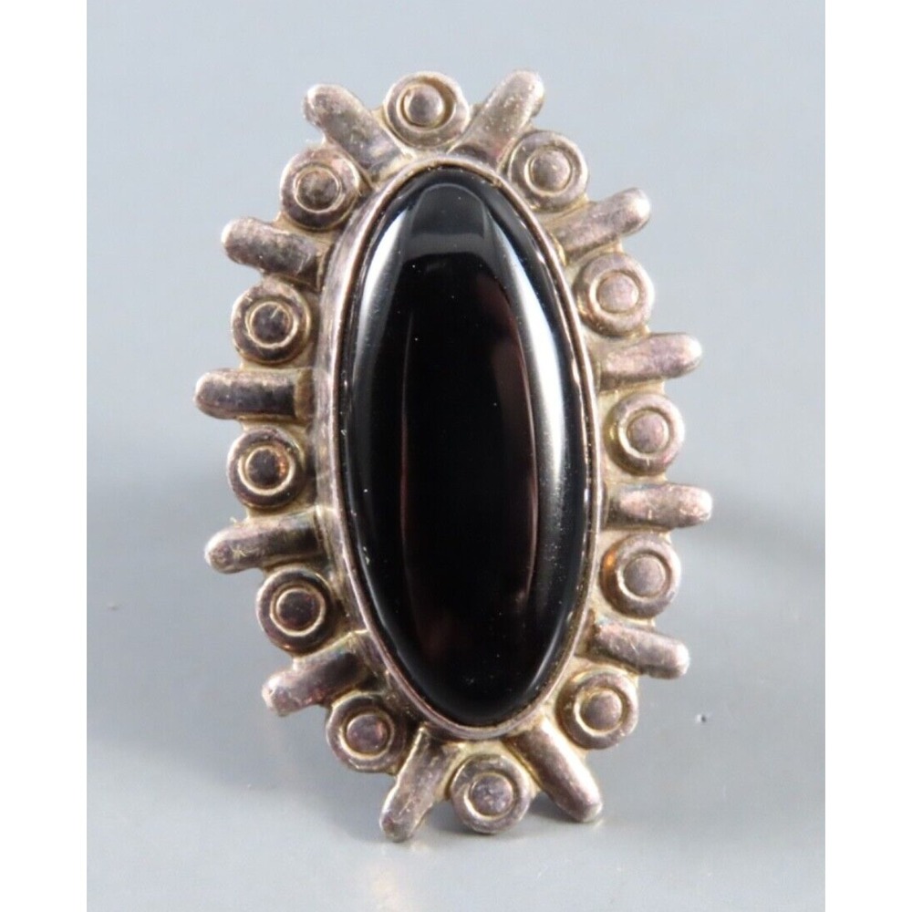 CII MEXICO Sterling Silver Ring LARGE BLACK ONYX Sun Rays Setting ELONGATED sz 7